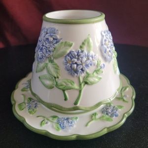 3oz Candle Jar Shade Topper and plate Floral Hydrangea green blue and white
